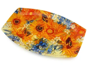 Skleněný ovální tác Vincent van Gogh –Slunečnice a kosatce, 35 × 23 cm