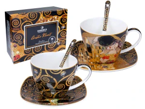 Porcelánová souprava Gustav Klimt – Polibek a Strom života, 2 × 250 ml,černá