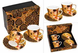 Luxusní porcelánová souprava Gustav Klimt–Polibek, 2×250 ml,černo-zlatý dekor