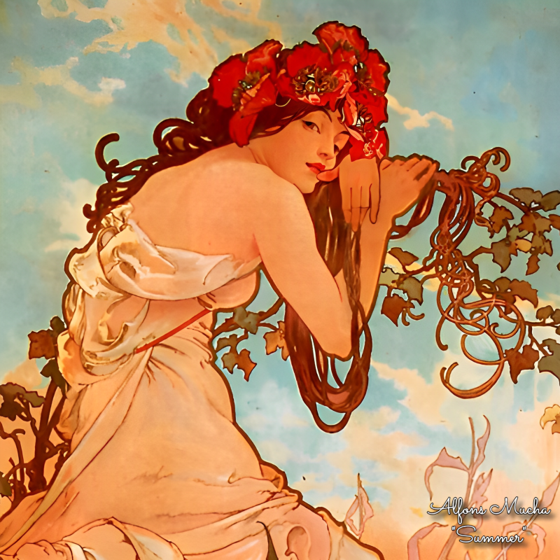 PAOLA RIVELLI Šátek, 90 x 90 cm Alfons Mucha Čtyři roční období Léto