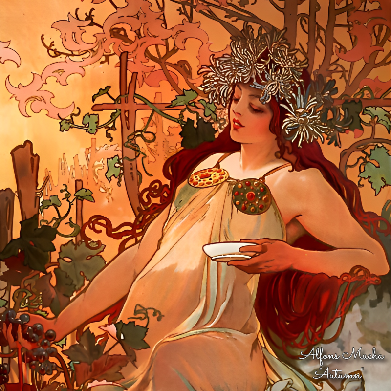 PAOLA RIVELLI Šátek, 90 x 90 cm Alfons Mucha Čtyři roční období Podzim