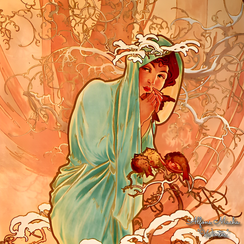 PAOLA RIVELLI Šátek, 90 x 90 cm Alfons Mucha Čtyři roční období Zima